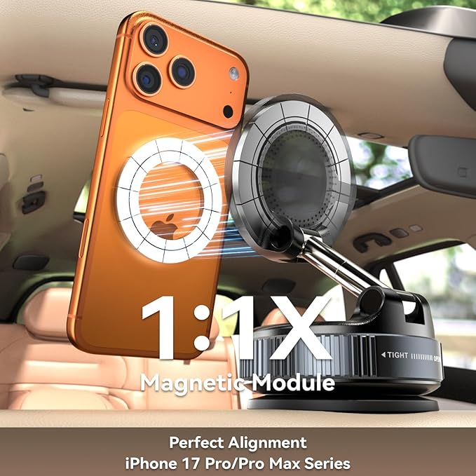 15W Fast Charging Magnetic Car Phone Holder [New Elastic Vacuum Suction Cup] 360° Adjustable Wireless Charger Car Mount for MagSafe iPhone 17 Pro Max 17 Pro 16 15 14 13 12