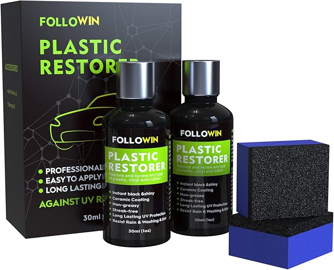 FOLLOWIN Plastic Restorer for Cars, Plastic Coating Exterior Black Trim Restorer, Ceramic Coating, Resists Water, Dirt, Not Dressing, Highly Concentrated, 60ml