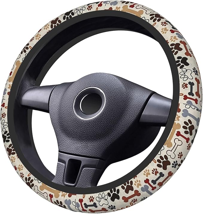 Paw Prints Steering Wheel Cover for Women Men, 15 Inches Brown Dog Cat Paw Neoprene Anti-Slip Cute Universal Car Steering Wheel Grip Wrap Car Accessories Protective Case Cover for Vehicle Truck SUV