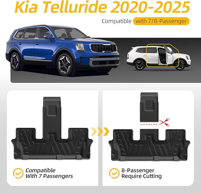 Floor Mats & Cargo Liner for Kia Telluride 2020–2024 2025 (7 & 8 Seat), All Weather Protection, Heavy Duty Floor Mats, Waterproof Car Mats, TPE, Custom Fit, Anti-Slip Car Accessories, Full Set, Black