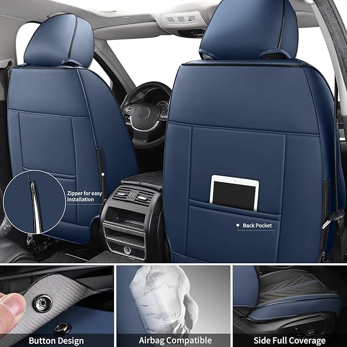 Tomatoman Front Seat Covers,Universal Waterproof Leather Car Seat Full Coverage Protectors Automotive Vehicle Cushion Fit for Most Sedans SUV Pick-up Truck(2PCS Front/Black-Blue)