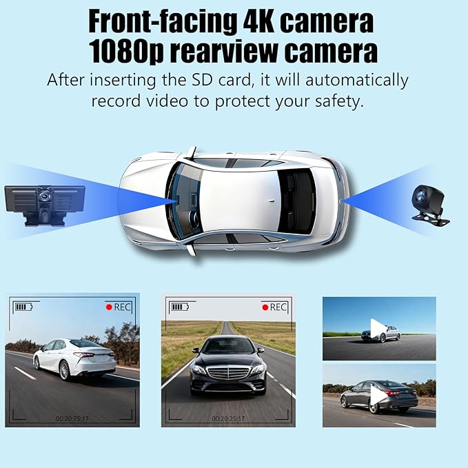 10.26″ Wireless Apple CarPlay & Android Auto Touchscreen – Portable Car Dashboard with 4K Front DVR, 1080P Rear Camera, GPS Navigation, Loop Recording, Mirror Link, Voice Control