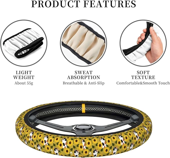Dujiea Cats Sunflower Elastic Stretch Steering Wheel Cover, Anti-Slip and Durable Car Steering Wheel Accessories for Women Men, 15 Inch Universal Fit Car, Truck, SUV