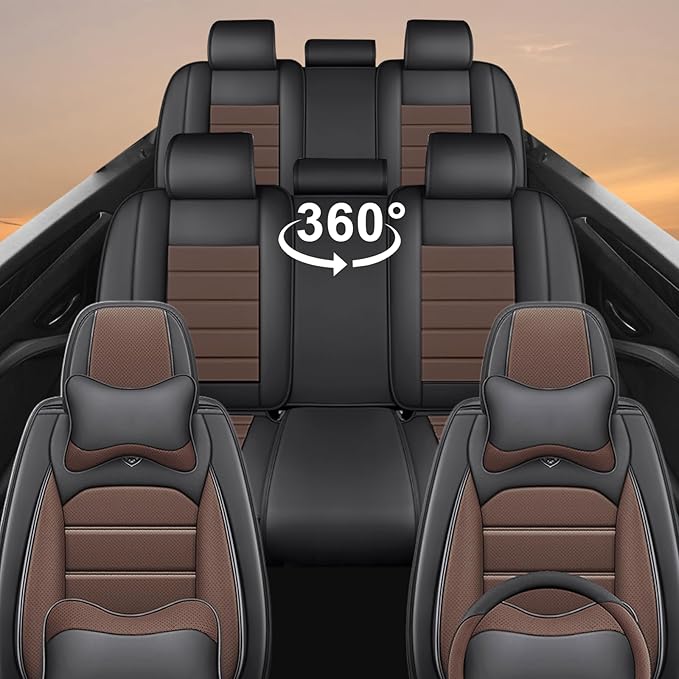 Seat Covers Fit for Acura MDX 2001-2025, 7 Seat, Compatible Airbag Non-Slip Waterproof Leather Seat Cover, Luxury Interior Full Set with Pillow Steering Wheel Covers, Black Coffee