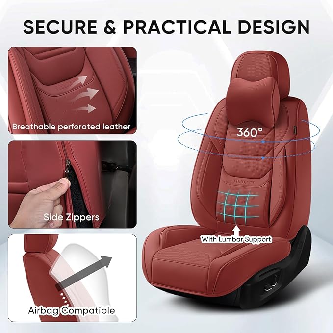 Wine Red Car Seat Covers Full Set, Breathable Leather Automotive Front and Rear Seat Covers & Headrest for Comfortable Driving, Universal Auto Interior Fit for Most Kinds of Vehicles, Cars