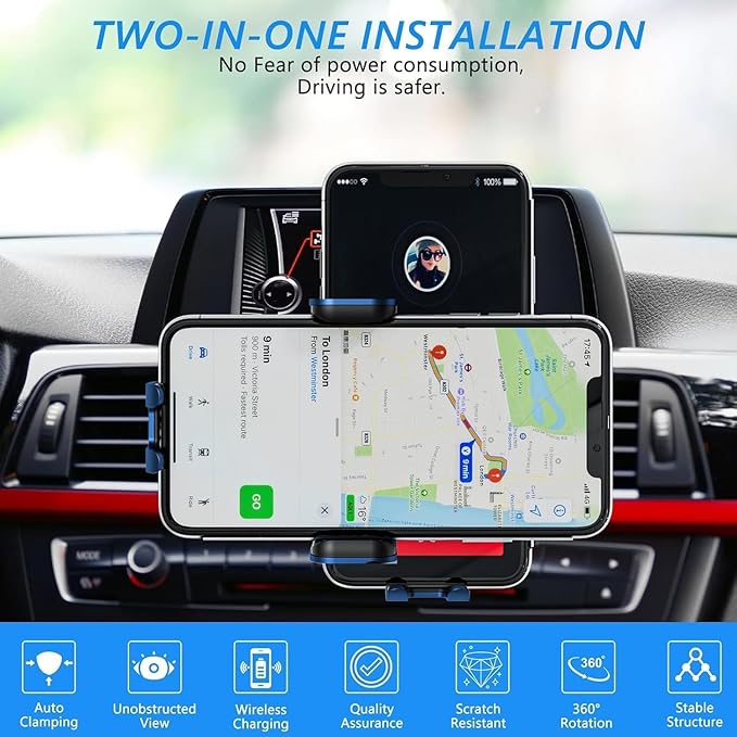 Wireless Car Charger, Fast Charging 15W Auto Clamping Car Charger Phone Holder Phone Mount for iPhone17 16 15 14 13 12 11 Pro Max Xs, Samsung Galaxy S23 Ultra S22 S21 S20 S10+ Note 9, etc(Blue)