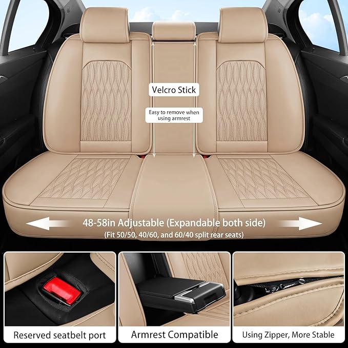 WELLDO Car Seat Covers Full Set, Premium Nappa Leather Seat Covers for Car, Waterproof Car Seat Protector with Lumbar Support, Automotive Seat Covers Universal Fit for Most Cars SUV Truck, Beige-white