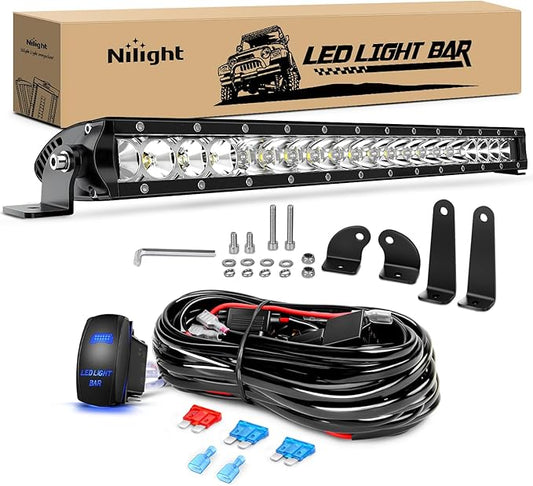 Nilight LED Light Bar 21inch 100W Spot Flood Combo Super Slim 9000LM Off Road 3D LED Driving Off Road Lights with Wiring Harness Kit-1 Lead for Trucks Pickup SUV ATV UTV Boat 4x4 Van Camper