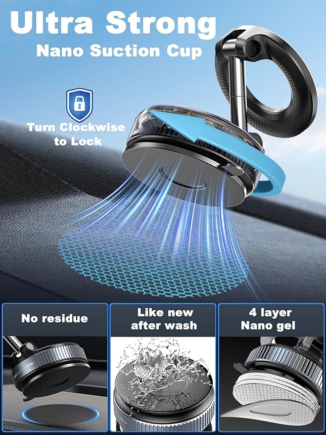 Upgraded 360° Nano Gel Vacuum Magnetic Phone Holder, Car Phone Holder for Magsafe[108+LBS Strongest Suction & 3000gf Strongest Magnetic], Suction Cup Phone Mount for Car/for iPhone 17 Pro Max