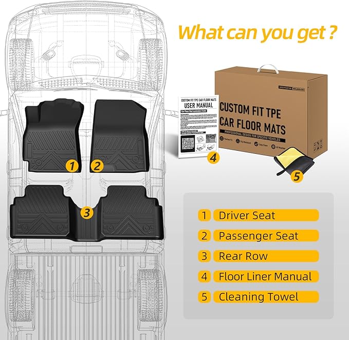 PWY Car Floor Mats for Hyundai Elantra 2021-2025 2026 (Not for Hybrid) / Hyundai Elantra N 2022-2025, TPE Custom Floor Mats, All Weather Automotive Liners, 1st & 2nd Row (3PCS), Car Accessories Set