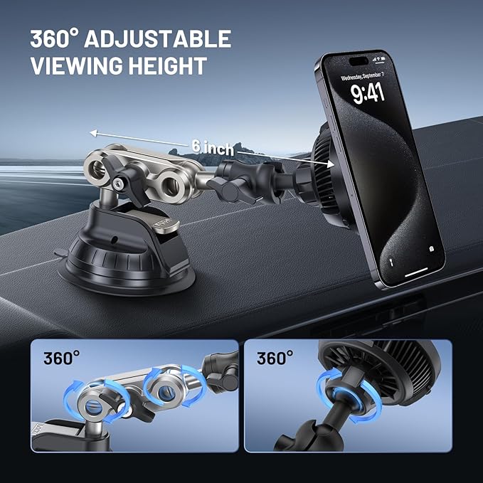 This Hill 15W Magnetic Wireless Car Charger Mount, Compatible with MagSafe, Phone Holder with 360° Suction Cup & Aluminum Alloy Telescopic Arm Compatible with iPhone 16 Pro Max 15 14 13 12