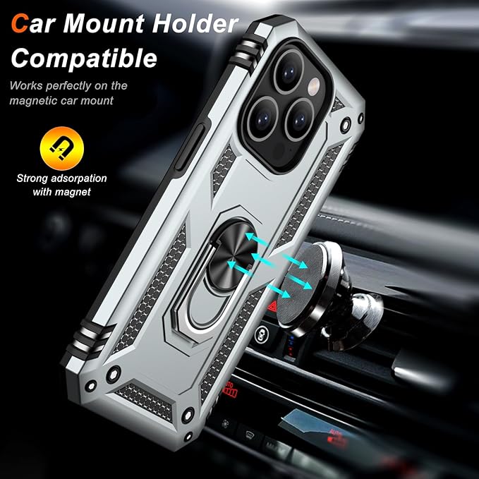 IKAZZ for iPhone 14 Pro Max Case 6.7 Inch with Screen Protector,Military Grade Shockproof Heavy Duty Protective Phone Cover Pass 16ft Drop Test with Magnetic Kickstand Car Mount Holder,Silver