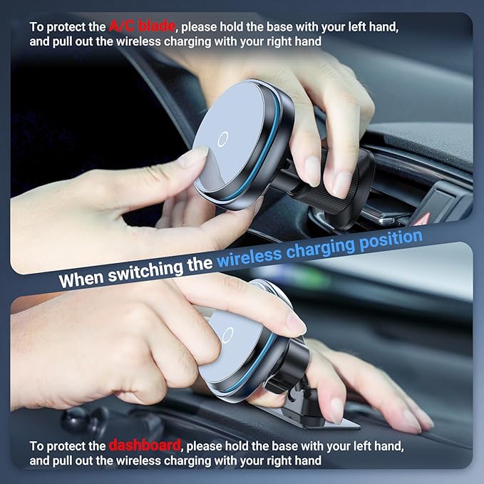 This Hill 15W Fast Magnetic Car Phone Mount - 2-in-1 Dashboard/Air Vent Mount with 360° Rotation & Secure Double Hook Clip, Includes QC 3.0 Adapter, Compatible with MagSafe Case,iPhone,Samsung,Google