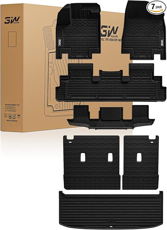 3W Floor Mats & Cargo Liner & Back Seat Cover Custom Fit for Nissan Pathfinder 2022 2023 2024 2025 (Only fit 7 Passenger Models), TPE All Weather Custom Fit Nissan Pathfinder Full Set,Black