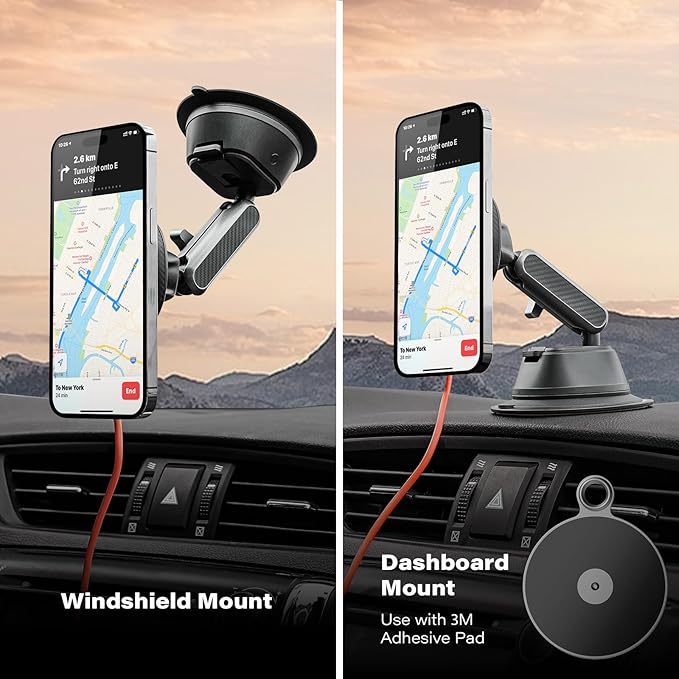 A2C Qi2 15W Wireless Charger for MagSafe Car Mount Charger Magnetic Suction Cup Phone Holder for iPhone 17/16/15/14/13/12, Adjustable Aluminum Alloy Arm, Windshield/Dashboard, Fast Charging