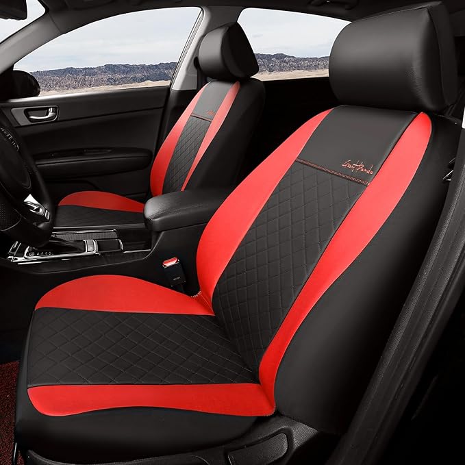 GIANT PANDA Front Seat Cover for Nissan, Leather Seat Protectors Custom Fit Nissan Rogue Altima Sentra Versa Kicks Frontier Murano Pathfinder Maxima (Red+Black)