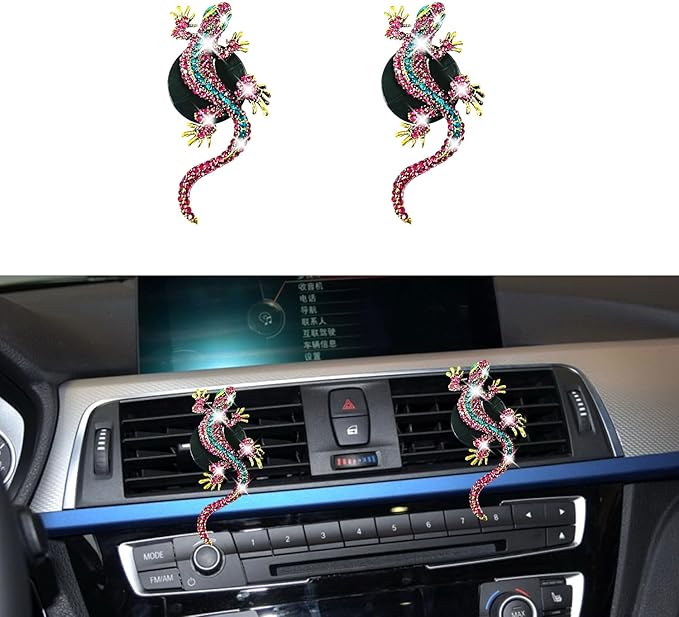 2 Pcs Bling Pink Gecko Car Air Freshener Accessories - Crystal Rhinestone Decor, Cute Car Vent Clip Diffuser