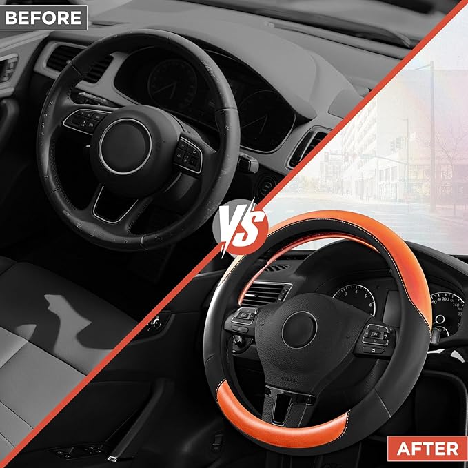 Road Comforts Steering Wheel Cover – Breathable Leather Steering Wheel Cover, Anti-Slip Grip, Universal Fit 14.5” to 15”, Heat & Cold Resistant for Cars, SUVs, and Trucks – Black & Shining Orange