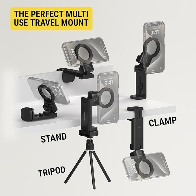 Scosche SMSTRVL MagSafe Airplane Phone Holder Mount, Magnetic Cell Phone Stand for Desk, Tray Table, Seat Back or Tripod, Plane Travel Essentials for Flying Compatible with iPhone 16/15/14/13/12