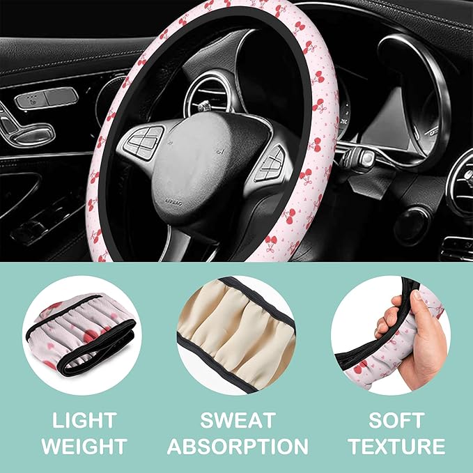Pink Cherries and Bows Steering Wheel Cover for Women Men,Anti-Slip Breathable Car Steering Wheel Cover Elastic Protection with 2 Pieces Car Coasters,Universal 15" Fit Auto,Suvs,Truck
