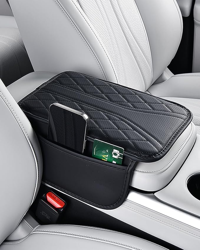 ESKONKE [Upgraded] Car Center Console Cover with 2 Storage Bags - Premium Nappa Leather Armrest Cover, Scratch & Wear Resistant, Waterproof Car Interior Accessories (Upgrade - Black)