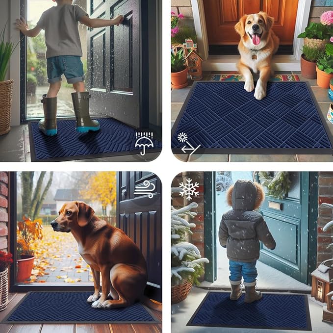 Smiry Front Door Mat Outside Entrance, Heavy Duty Outdoor Indoor Natural Rubber Doormat, Non Slip, Trap Dirt and Moisture, Easy Clean, Low Profile Patio Porch Entryway Mat, 59x35, Navy Blue