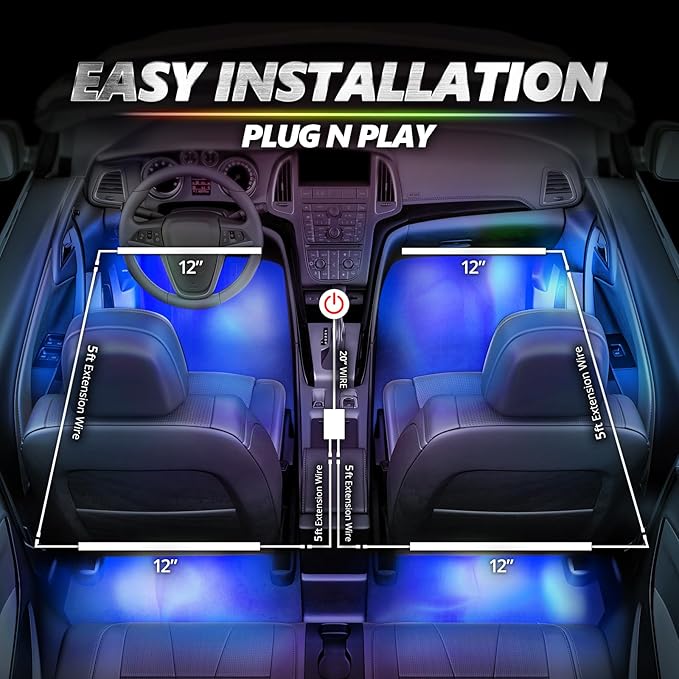 OPT7 Aura Pro 4PC Double LED Interior Car Strip Lights with APP & Remote Control, Multicolor Mode, Sound Active Neon Accent Lighting Kit, Footwell Floor Inside Decor Accessories, 12V Charger Adapter