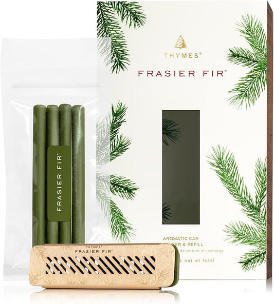 Thymes Frasier Fir Car Diffuser Kit + Refills – Vent Clip Air Freshener + 4 Frasier Fir Diffuser Reeds – Car Air Fresheners with Fresh Scent – Long-Lasting Fragrance