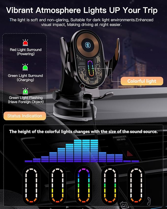 Wireless Car Charger, ESSAGER 15W Fast Charging Car Phone Holder Mount Auto Clamping Cell Phone Stand for iPhone 15 14 13 12 11 Pro Max, Samsung Galaxy S23 S22 S21