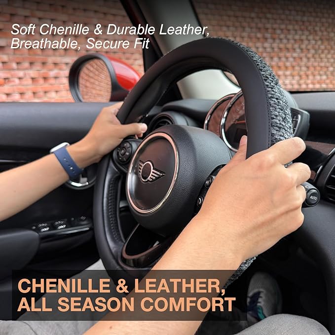 PINCTROT Chenille Leather Steering Wheel Cover, Soft Mottled Colors, Sweat-Proof, Non-Slip Grip, All-Season Comfort, Universal 14.5-15 Inch(Mottled Gray)