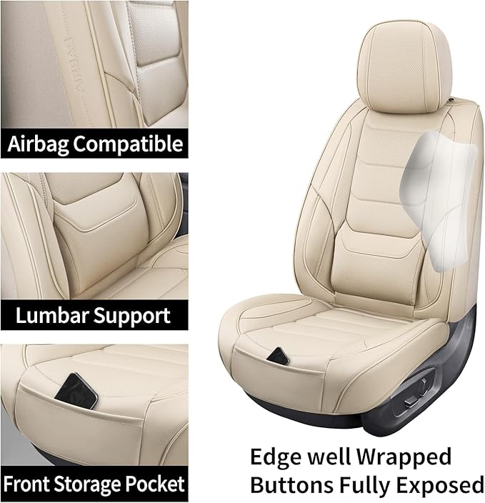 Leather Front Car Seat Covers Breathable Seat Covers Waterproof Seat Protectors Universal Fit for Most Automotive Cars SUV Trucks Van (Beige, Front Pair)