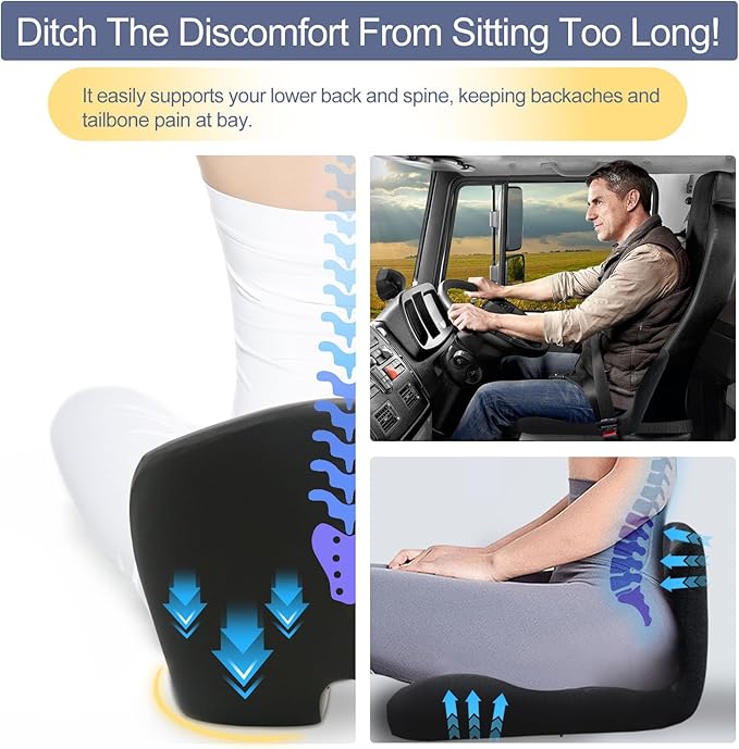 Seat Cushion for Truck Driver, Memory Foam Truck Seat Cushion with Adjustable Strap – Ergonomic Back Support & Sciatica Relief for Long Drives, Semi Truck Accessories, Dark Gray