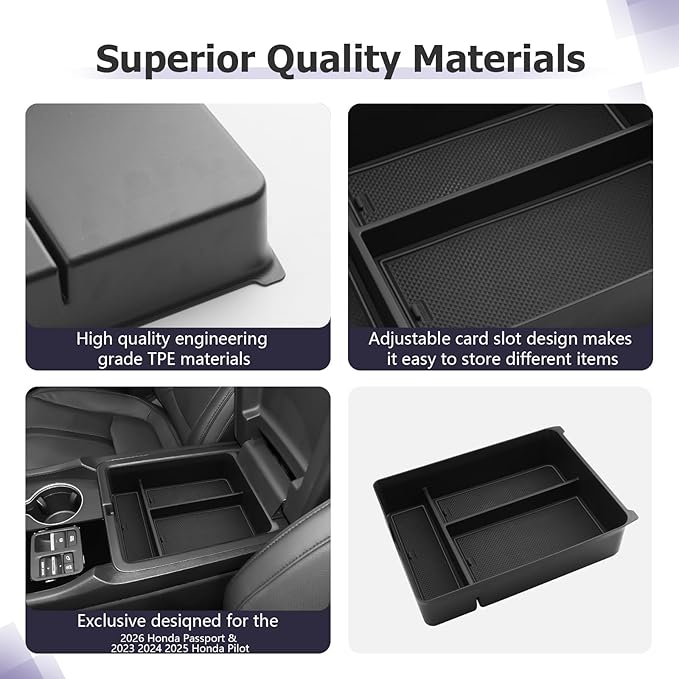 LUWU 2026 Passport Center Console Organizer Compatible with 2024 2025 2026 Honda Passport & 2023 2024 2025 Pilot & 2024 2025 Ridgeline Accessories Armrest Console Organizer Armrest Insert Tray (Black)