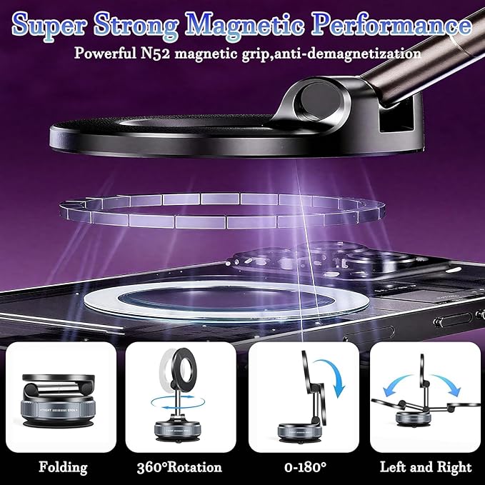 Upgraded 360° Vacuum Magnetic Suction Cup Phone Holder, Foldable and Reinforced Ultra Suction Cup Phone Mount, Compatible with All Smartphones for Car/Gym/Mirror/Smooth Surface (Black)