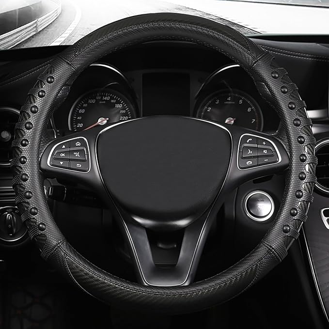 3D Massage Car Steering Wheel Cover,14.5-15 Inch Universal Black Carbon Fibre Leather Covers Breathable Anti-Slip Odorless Steering Wheels Accessories for Men Women