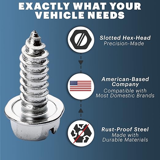 Chrome License Plate Screw Kit - Set of 8 Stainless Steel Fasteners for License Plates, Frames, and Covers on Domestic Cars, Trucks, Vans, SUVs - Rustproof, Self Tapping Mounting Bolts (Chrome Plated)