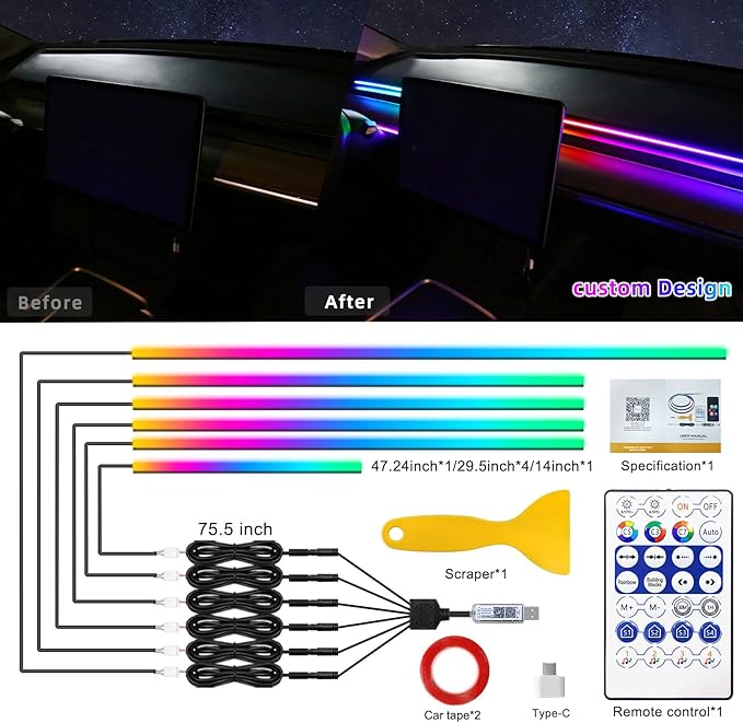 Dreamcolor Acrylic Interior Car LED Strip Light with USB/Type C, RGB 6 in 1 with 179.24 Inch LEDs Strip, Dynamic Chasing Music Sync Neon Ambient Lighting Kits