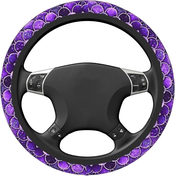 Purple Mermaid Fish Dragon Scales Cool Funny Steering Wheel Cover Car Accessories Cute for Women Girls Girly Universal 15 Inch Neoprene Auto Interior Decor Anti Slip Car Truck Protector