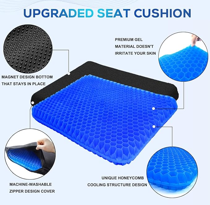 Gel Seat Cushion - Enhanced Double Thick Egg Seat Cushion with Non-Slip Cover - Office Chair Car Seat Cushion - Sciatica & Back Pain Relief - Perfect for Office Chair Car Wheelchair Travel