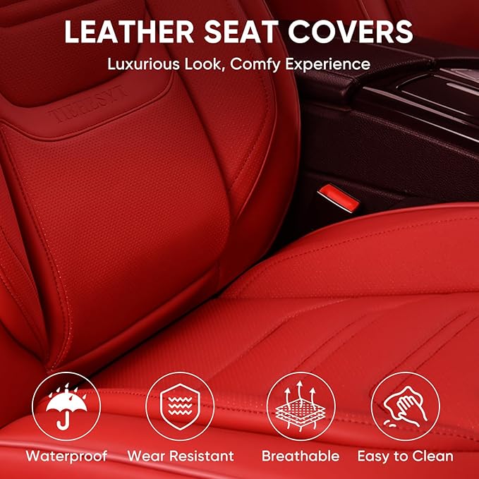 Leather Car Seat Covers Full Set with Lumbar Support, Waterproof Car Seat Cover, Universal Seat Covers for Cars, Trucks, SUVs, Sedans, Airbag Compatible, Front Pair and Rear, Red
