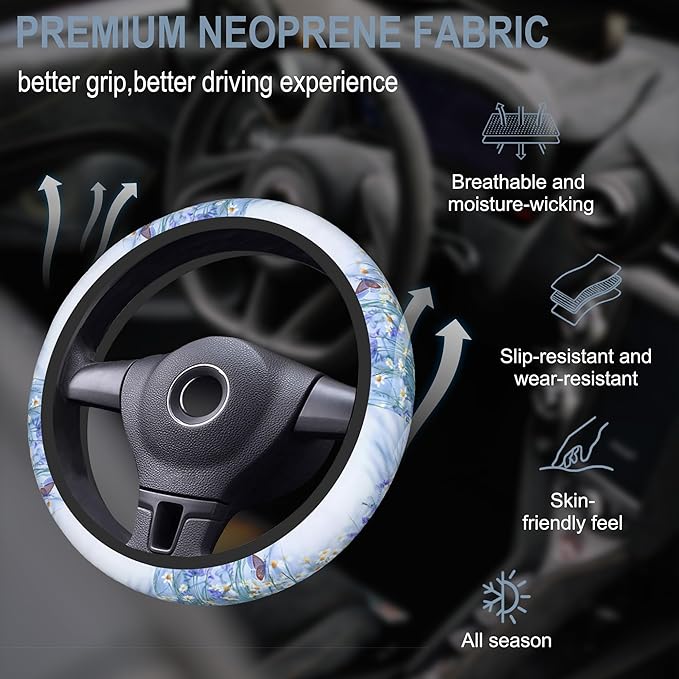White Daisy Flowers and Butterfly Car Steering Wheel Cover for Women Men with 2 Pcs Car Coasters,Universal 15 Inch Steering Wheel Covers Anti-Slip and Practical Auto Accessories Fit Auto,Suvs
