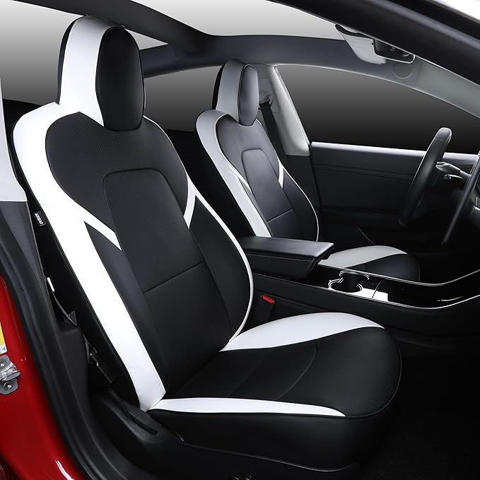 Suitable for Tesla Model 3 Seat Covers, Waterproof Faux Leather Car Seat Covers Full Set forTesla Model 3 2023 2022 2021 2020 2019 2018 2017 (Black+ White)