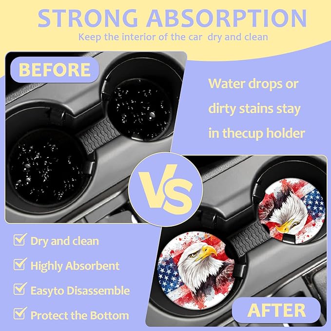 2 Pack Car Cup Holder Coaster-American Flag Eagle Absorbent Ceramic Coaster, Car Coasters for Cup Holders,Auto Accessories for Women & Men