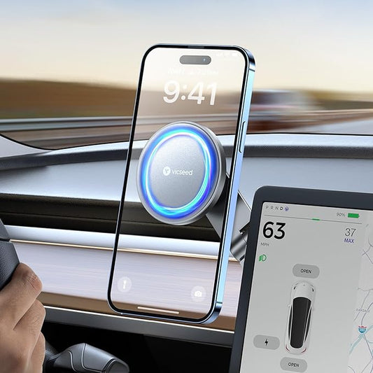VICSEED Tesla Phone Mount【Strongest Magnet Power】 Foldable Hidden Tesla Phone Holder Fit for All Phones, Tesla Model 3/Y/Cybertruck Accessories, Tesla Model 3 Model Y for MagSafe Car Mount-Quicksilver