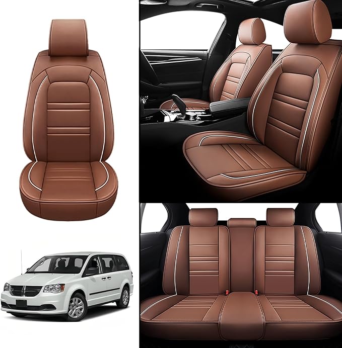 Seat Covers for Dodge Grand Caravan 1999-2020 | 5-Seats Leather Seat Covers, Easy to Install Automotive Seat Covers Full Set (Full Set, Coffee)