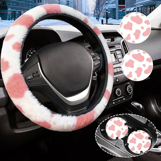 Pink Cow Fuzzy Steering Wheel Cover for Women, Universal Auto Steering Wheel 14-15 Inch Soft Warm Car Interior Accessories with 2PCS Car Coasters, Suitable for Men and Women