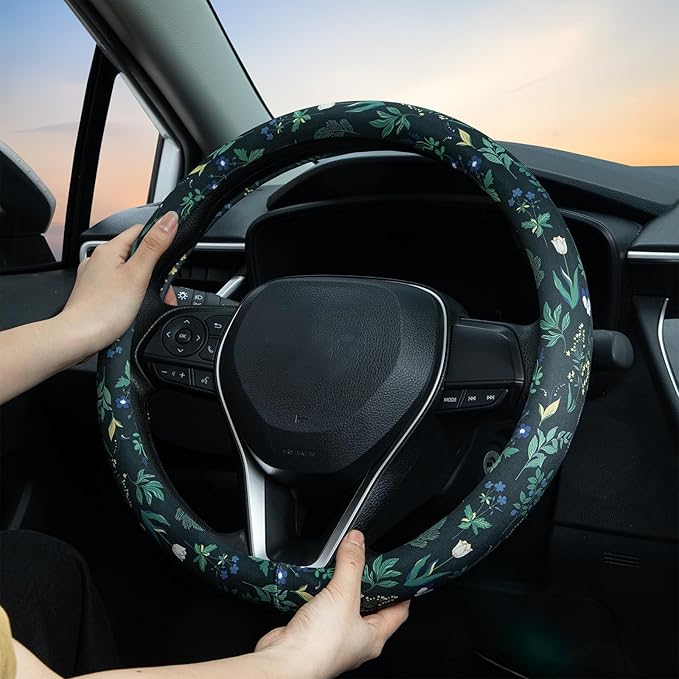 Wild Flowers Steering Wheel Cover Auto Steering Wheel Protector, Anti-Slip, Breathable, Absorbing Sweat, Universal Floral Car Accessories 14.5–15 inch,Fit for Most Car, Trucks, SUV