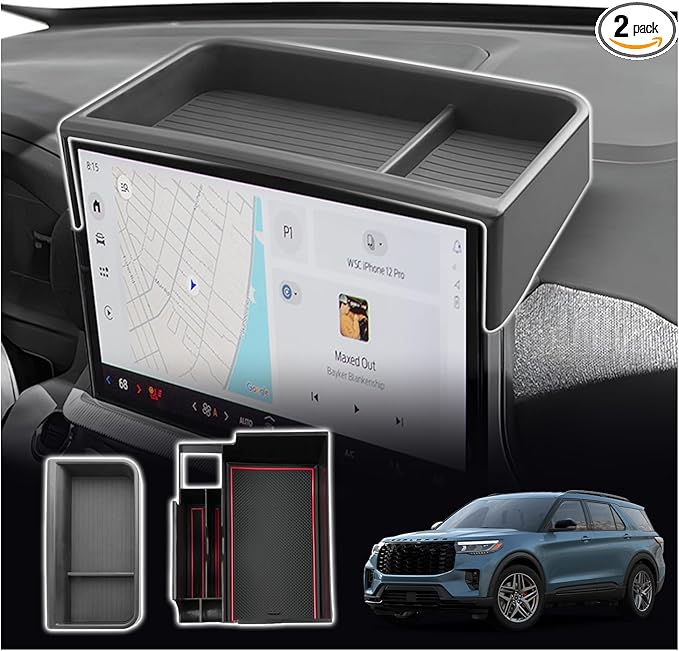 SXCY 2PCS for 2025 Ford Explorer Screen Back Tray + Center Console Organizer(Red Mat) for Ford Explorer 2025 Accessories Console Tray for 2025 Ford Explorer Dashboard Organizer 2025 Explorer Accessory