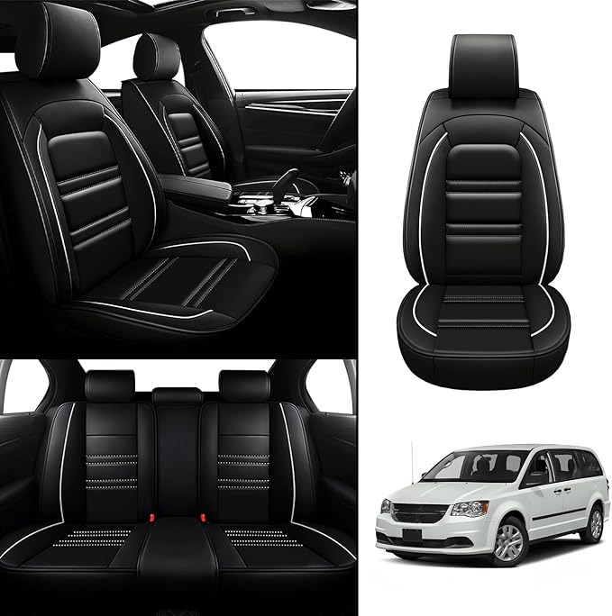 Seat Covers for Dodge Grand Caravan 1999-2020 | 5-Seats Leather Seat Covers, Easy to Install Automotive Seat Covers Full Set (Full Set, Black&White Line)