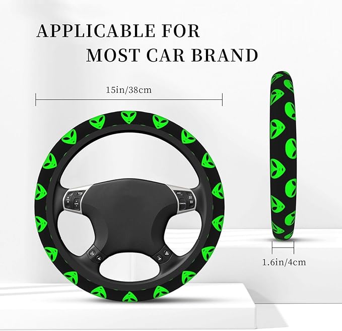 Green Aliens Face Steering Wheel Cover for Women Girls, 15 Inches Anti-Slip Steering Wheel Cover for Auto Truck SUV